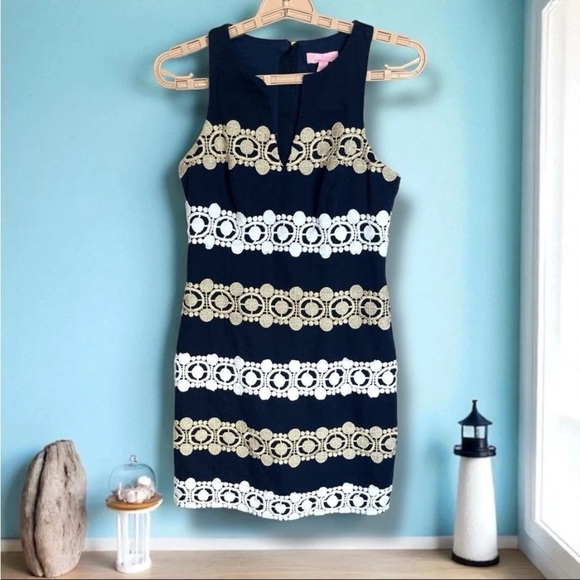 Lilly Pulitzer Dresses & Skirts - Lilly Pulitzer Augusta Shift Dress Sz 0 Applique Anchors Nautical Navy Gold EUC